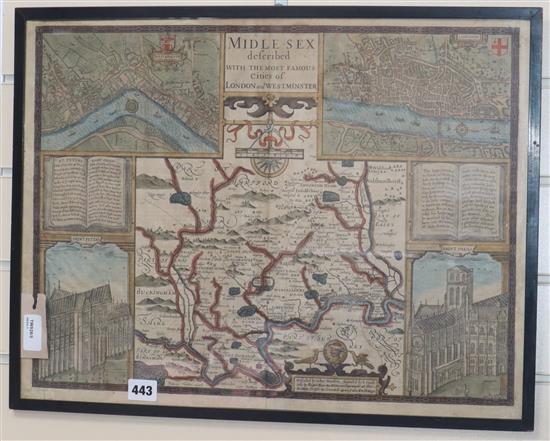 John Norden Augmented by John Speed, a hand-coloured engraved map of Middlesex 40cm x 53cm